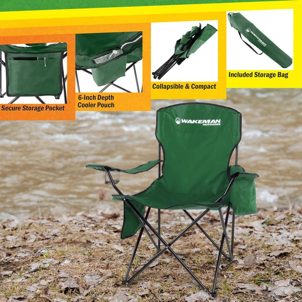 Green Heavy Duty Folding Camping Chair with Cooler and Cupholder