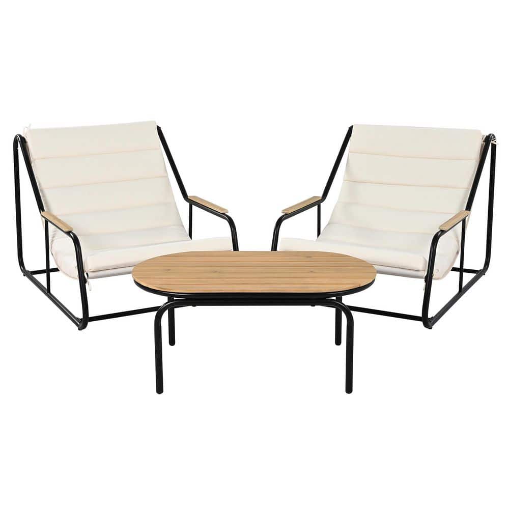 3-Piece Black Metal Outdoor Chaise Lounge with Beige Cushions, Acacia Side 