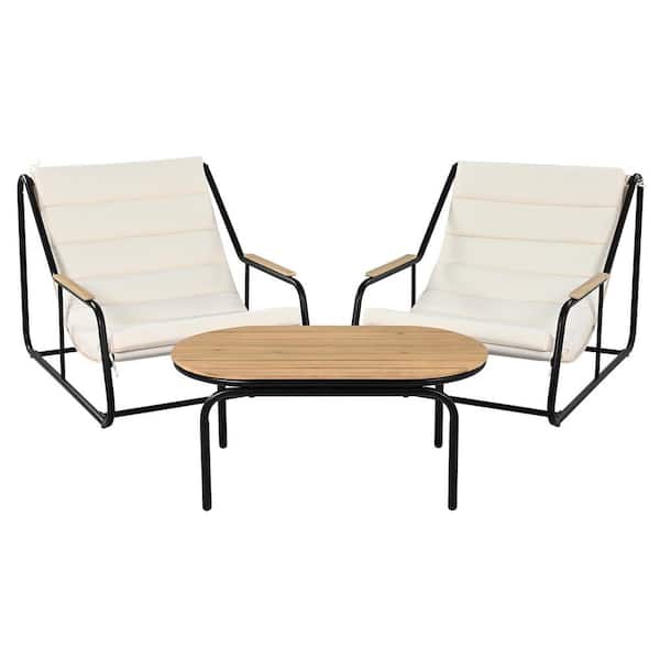 Unbranded 3-Piece Black Metal Outdoor Chaise Lounge with Beige Cushions, Acacia Side Table for Lawn, Deck, Beach