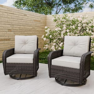 2-Piece Brown Wicker Patio Outdoor Rocking Chair 360° Swivel Rocking Chair with Beige Cushions