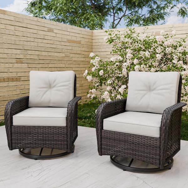 COOS BAY 2-Piece Brown Wicker Patio Outdoor Rocking Chair 360° Swivel Rocking Chair with Beige Cushions