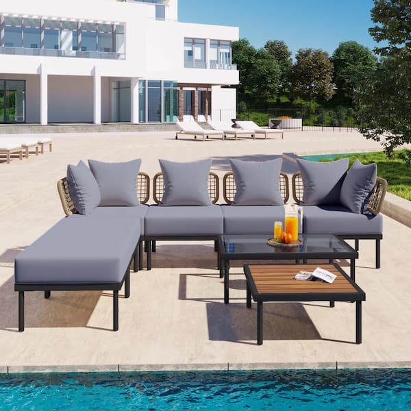 Unbranded 8-Piece Metal Corner Outdoor Sectional Chair with Tempered Glass Coffee Table and Wooden Coffee Table Light Grey Cushion