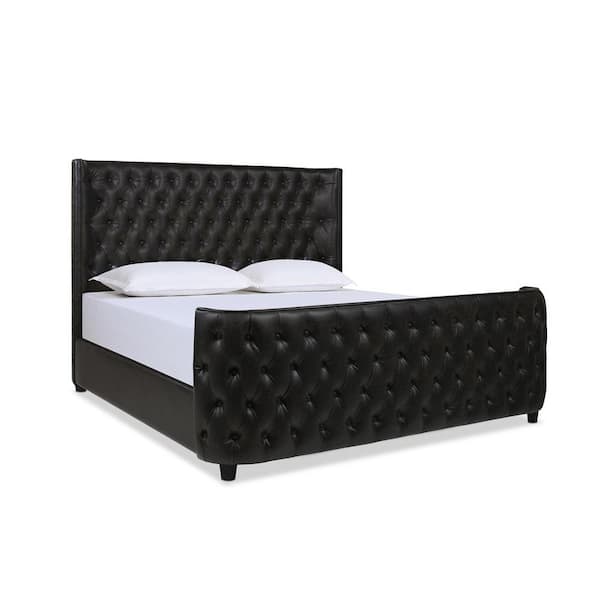 Jennifer Taylor Brooklyn Vintage Black Brown Faux Leather King Tufted Panel Bed Headboard and Footboard Set