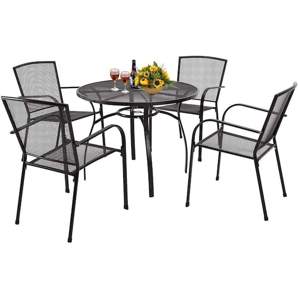 AECOJOY Dark Gray 5-Piece Steel Round Table Outdoor Dining Set