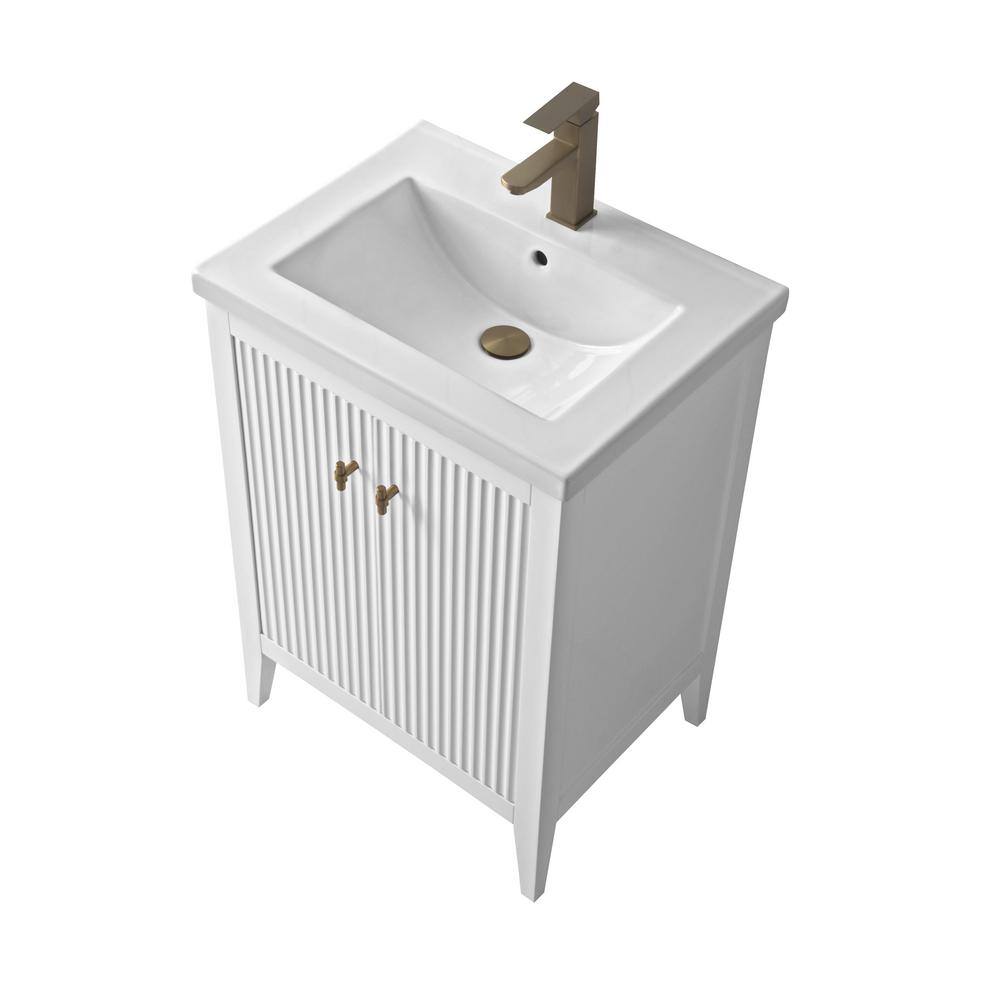 White and Gold Freestanding Single Bathroom Vanity with Ceramic Top