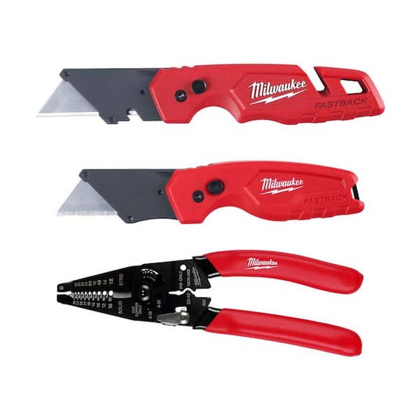 Milwaukee FASTBACK Folding Utility Knife & Compact Folding Utility Knife w/10-28 AWG Multi-Purpose Wire Stripper/Cutter (3-Piece)