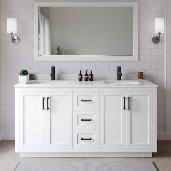 Wyndham Collection Miranda 66 in. W x 22 in. D x 33.75 in. H Double Sink Bath Vanity in White with Carrara Cultured Marble Top and Mirror