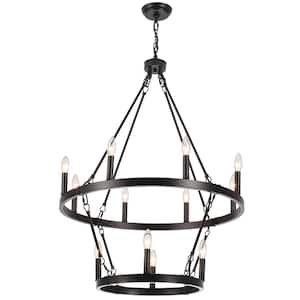 Vyolette 12-Light Black Farmhouse Candle Style 2 Tier Wagon Wheel Chandelier for Living Room Kitchen Island Foyer