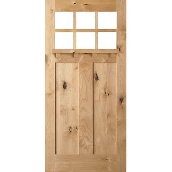 Krosswood Doors 36 in. x 80 in. Craftsman Knotty Alder 6-Lite Clear Glass with Dentil Shelf Unfinished Wood Front Door Slab