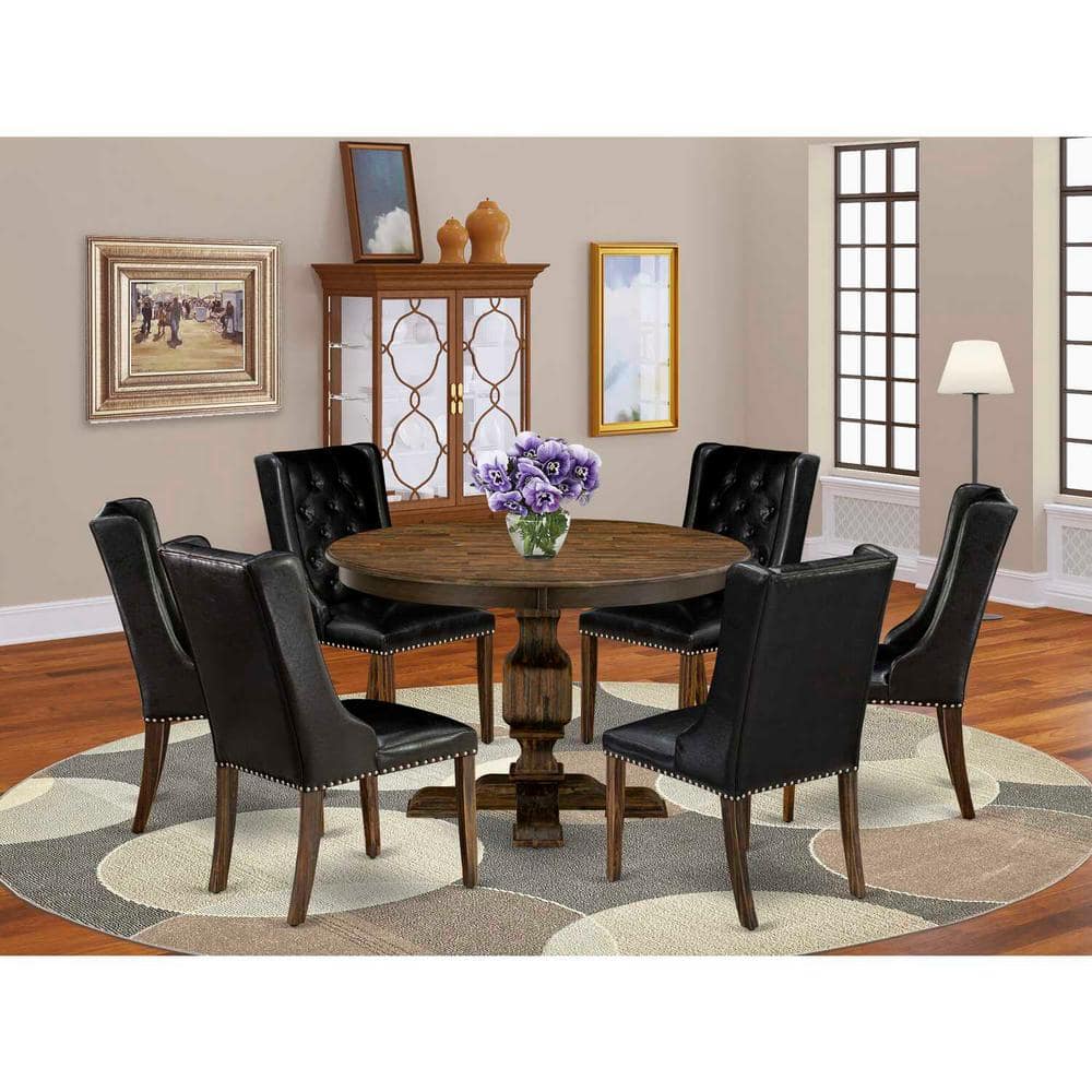 Distressed Jacobean Round Pedestal Dining Set with Black Upholstered Chairs