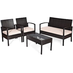 4-Piece Wicker Outdoor Garden Patio Sectional Seating Set with Gray Cushions