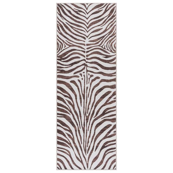 Gertmenian Crystal Print Zebra Ivory/Brown 2 ft. x 6 ft. Striped Digitally Printed Polyester Runner Rug