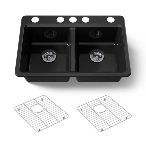 Riverby 33 in. Undermount 50/50 Double Bowl Black Cast Iron Kitchen Sink and Basin Rack
