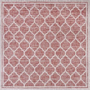 Trebol Moroccan Trellis Textured Weave Red/Beige 3 X 3 ft. Indoor/Outdoor Area Rug