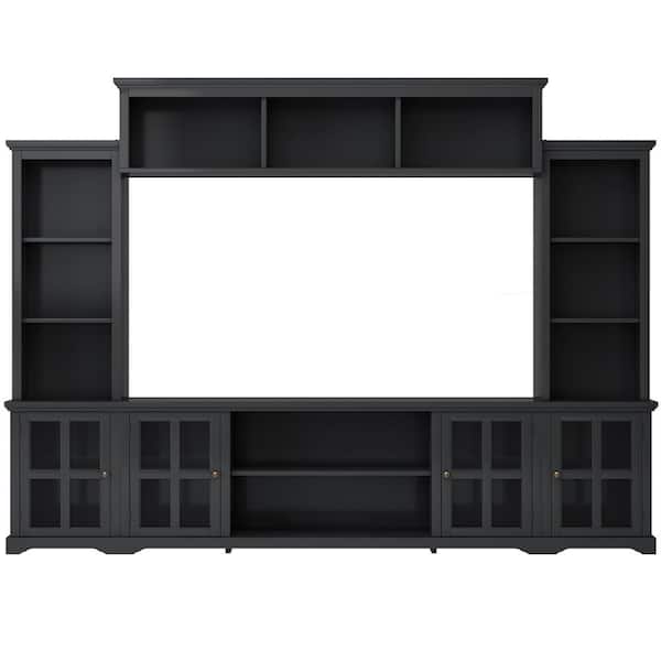 104 in. W x 15 in. D x 78.7 in. H Black Linen Cabinet with TV Stand, Bridge and Tempered Glass Door for TV up to 70 in.