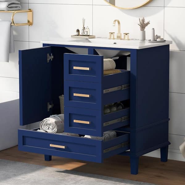 Nestfair 30 in. W x 18 in. D x 34 in. H Single Sink Freestanding Bath Vanity in Blue with White Ceramic Top