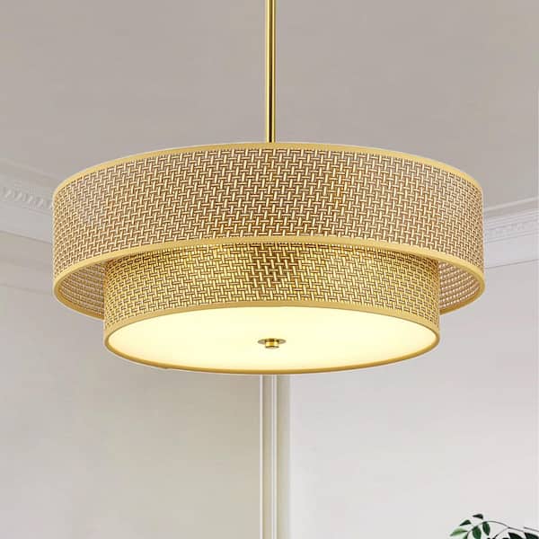 17.7 in. 3-Light Modern Boho Drum Gold Chandelier with Woven Rattan Linen for Bedroom, Kitchen, Dining Room, Living Room