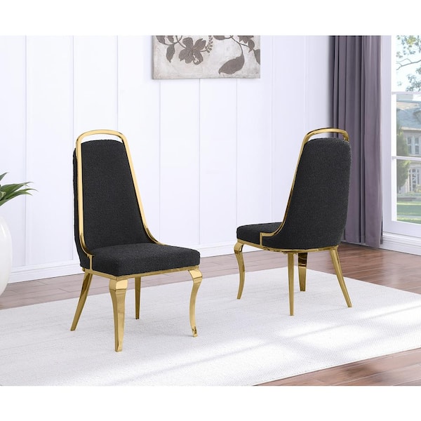 Best Quality Furniture Bora Black Boucle Fabric Side Chair (Set of 2) with Gold Legs