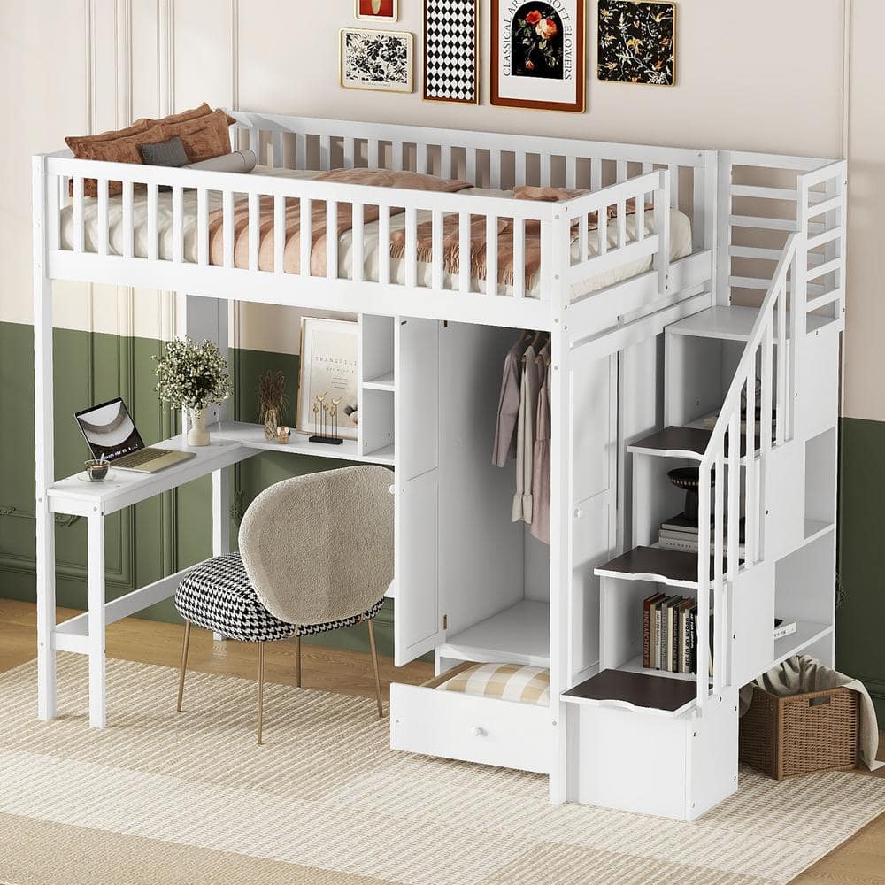 Harper & Bright Designs White Twin Wooden Loft Bed with Wardrobe ...