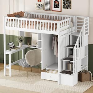 White Twin Wooden Loft Bed with Wardrobe, Drawer, Desk, Bookshelf and Storage Staircase