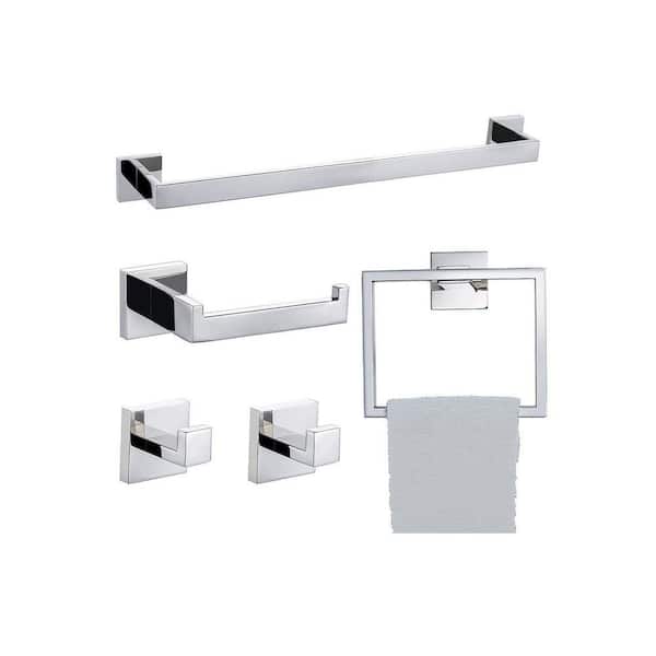 5-Piece Bathroom Hardware Accessories Set with Towel Bar Towel Holder Toilet Paper Holder Hook in Polished Chrome