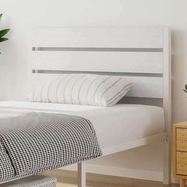 Twin Bed Frame with White Wood Headboard and Footboard, No Box Spring Needed, Strong Metal Slats Support Platform Bed