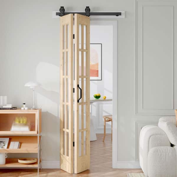 30 in. x 84 in. 1-Lite Pre Assembled Clear Glass Solid Core Wood Brown Bi-Fold Door with Hardware