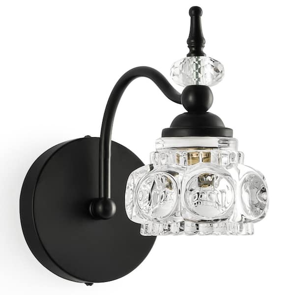 Merra 9.8 in. 1-Light Black Vintage Vanity Light Fixture with Flower Crystal Glass Shade
