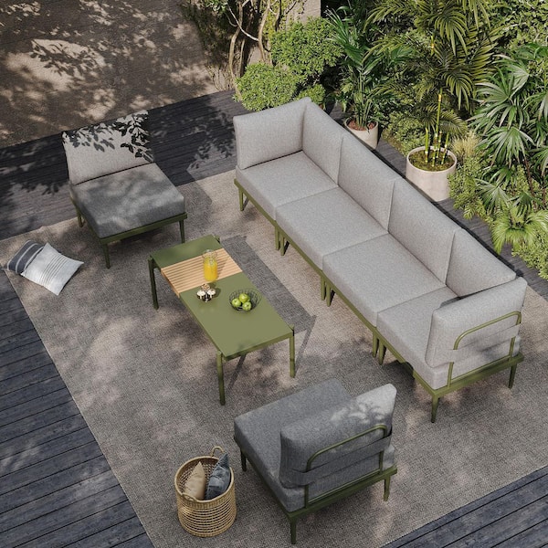 7 Piece Metal Outdoor Patio Conversation Set with Coffee Table, Grey Cushions and Green Frame