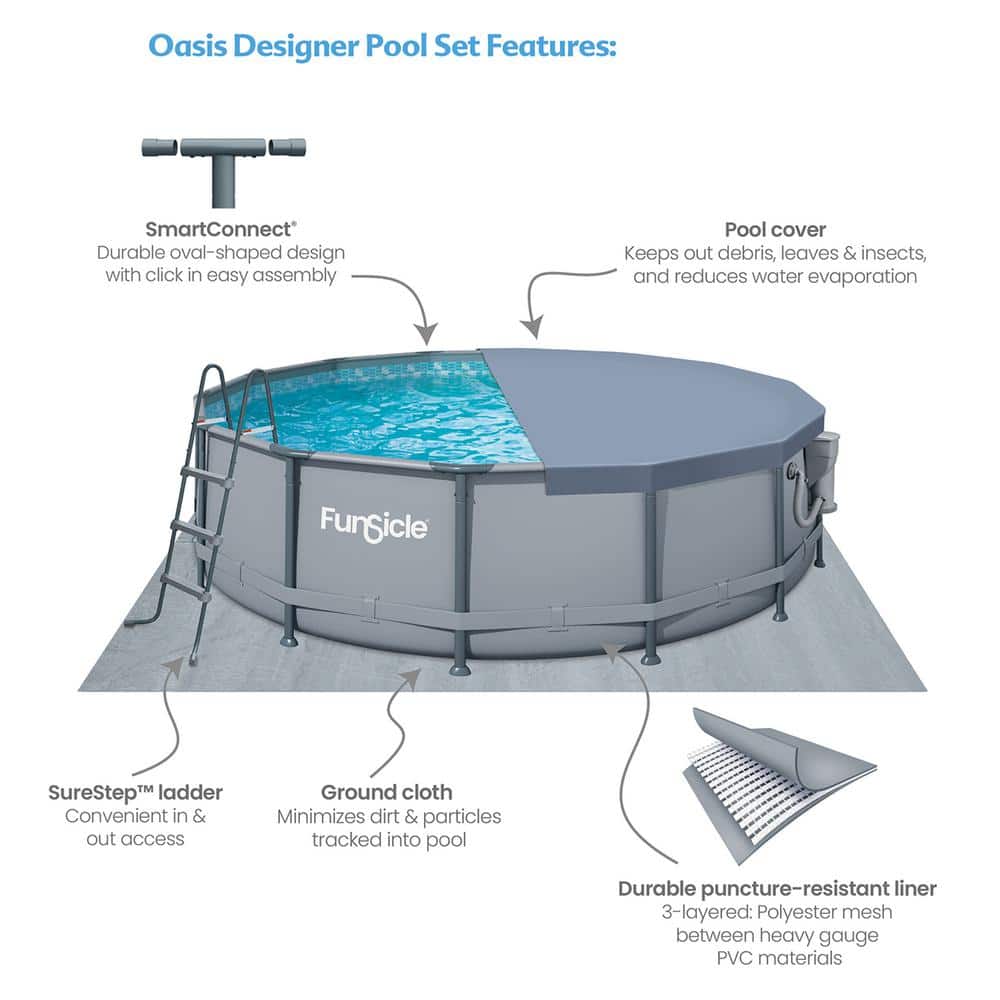 Gray 14ft Round Metal Frame Above Ground Pool with Filter Pump