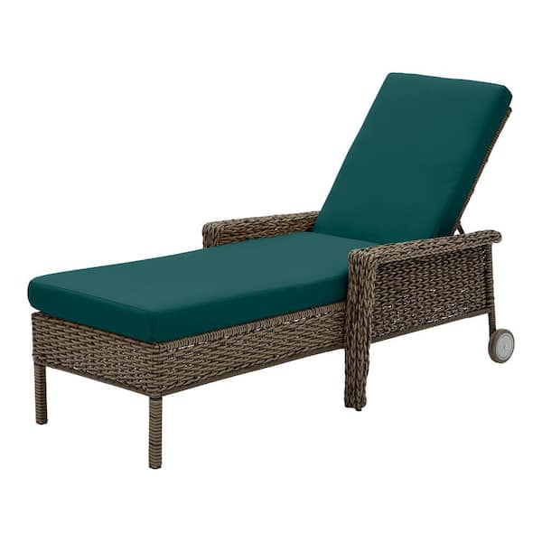 Hampton Bay Laguna Point Brown Wicker Outdoor Patio Chaise Lounge with CushionGuard Malachite Green Cushions