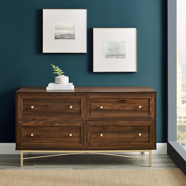 Walker Edison Furniture Company 56 in. W. 4-Drawer Dark Walnut Wood Dresser with Gold Hardware