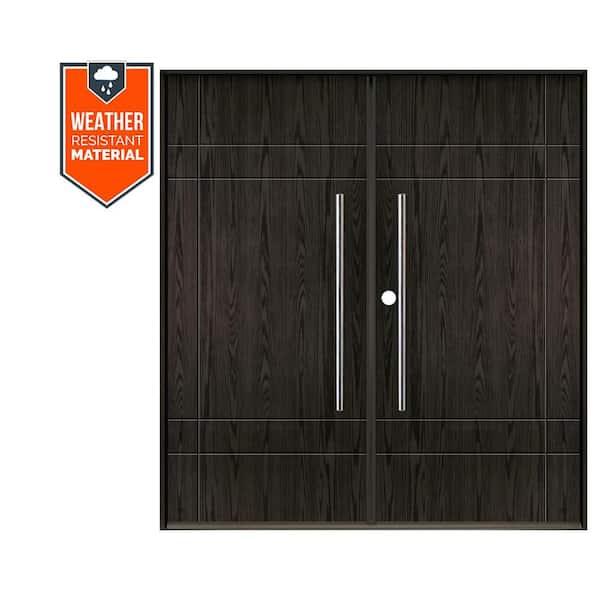 SUMMIT Modern Faux Pivot 72 in. x 79 in. Right-Active/Inswing Baby Grand Stain Double Fiberglass Prehung Front Door
