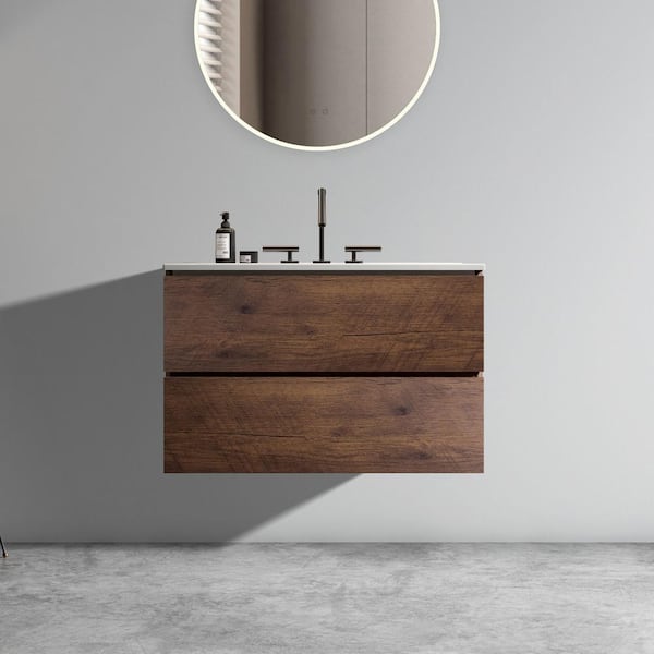 Staykiwi 30 in. W x 18 in. D x 21 in. H Single Sink Wall-Mounted Bath Vanity in Walnut with White Ceramic Top