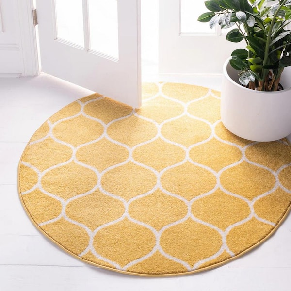 Trellis Frieze Yellow 8 ft. x 8 ft. Rounded Area Rug