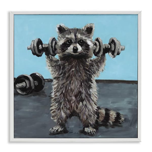 Fitness Raccoon with Weights by Studio Bautista White Framed Giclee Animal Art Print 17 in. x 17 in.