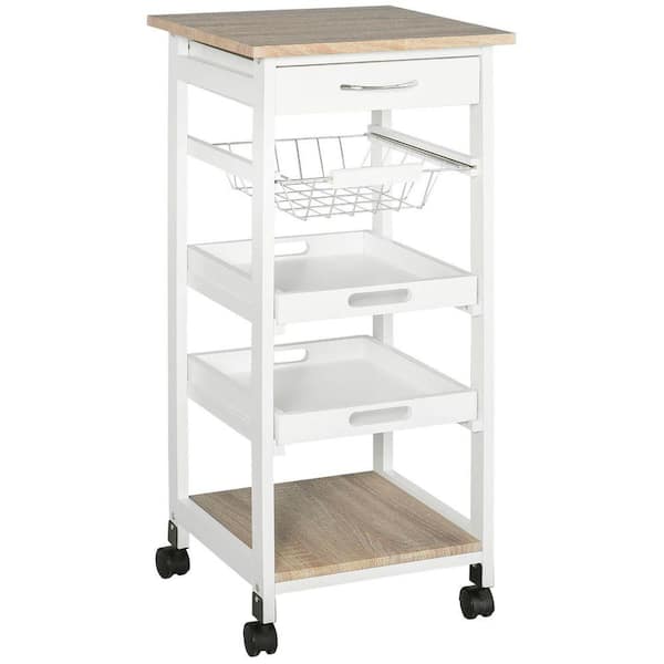 5-Tier Solid  Wood 4-Wheeled Mobile Kitchen Cart with Storage, Wire Fruit Baskets, Trays and Drawer, White