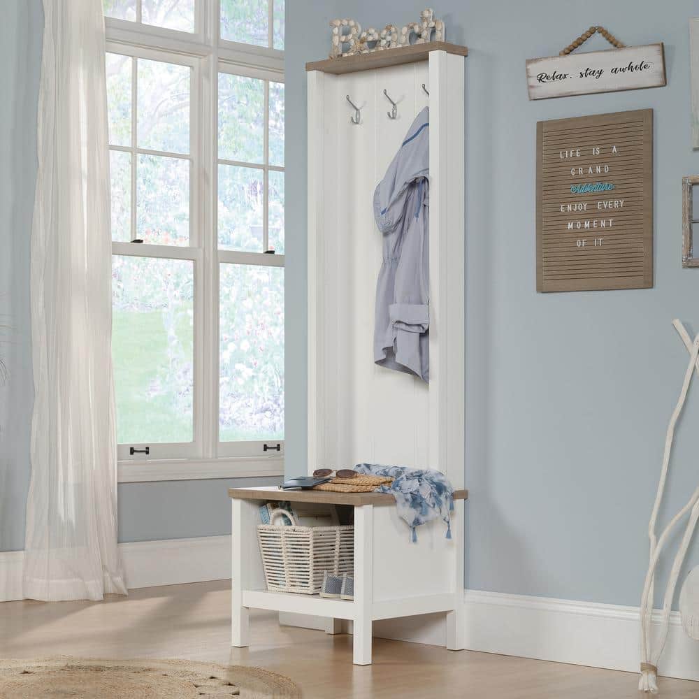 Soft White and Oak Hall Tree with Storage Bench