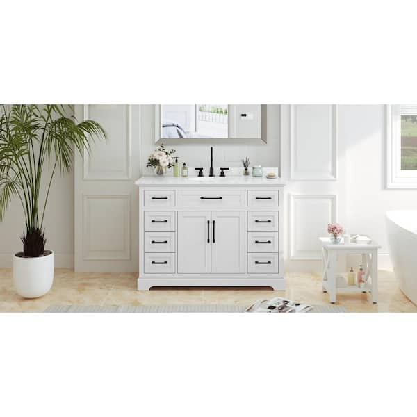 Wellington 48 in. W x 21.5 in. D x 35 in. H Single Sink Freestanding Bath Vanity in White with White Carrara Marble Top