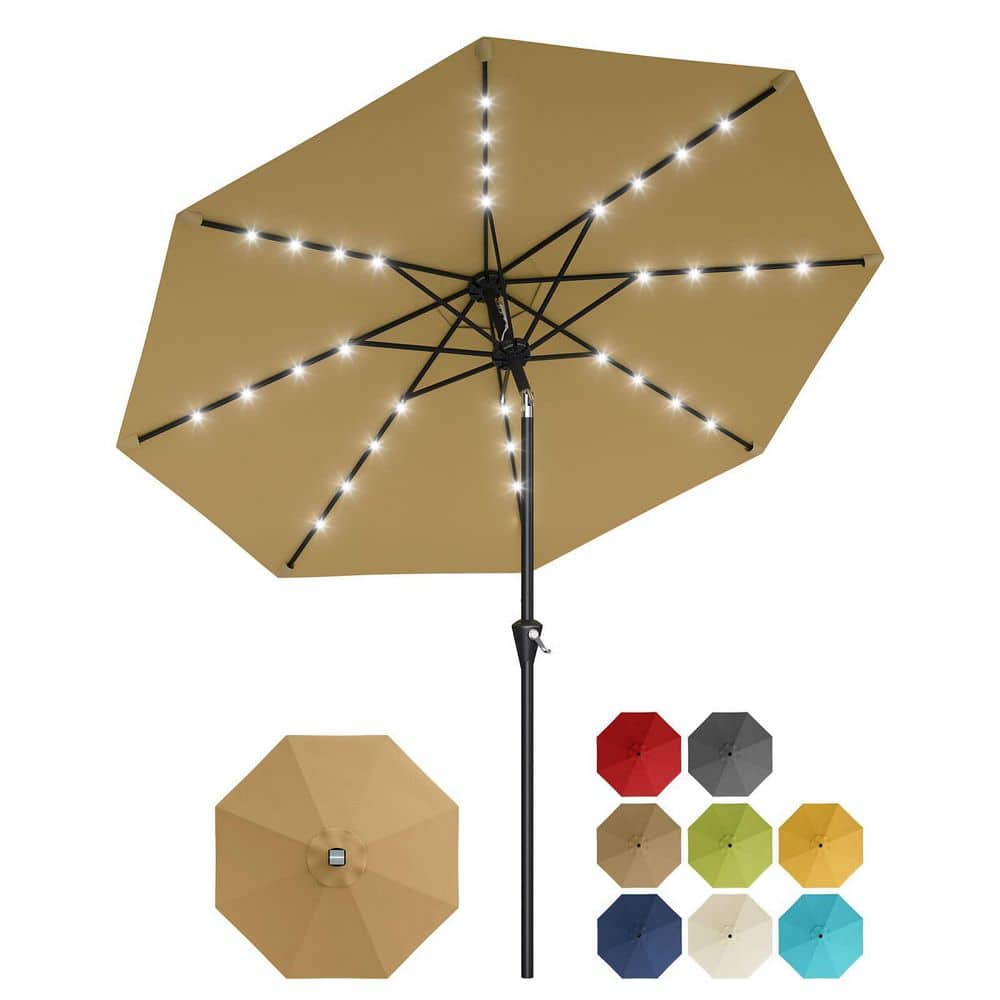 9 ft. Iron Market Solar LED Crank Lift Push Button Tilt Patio Umbrella in Brown price history on PriceWatchPro