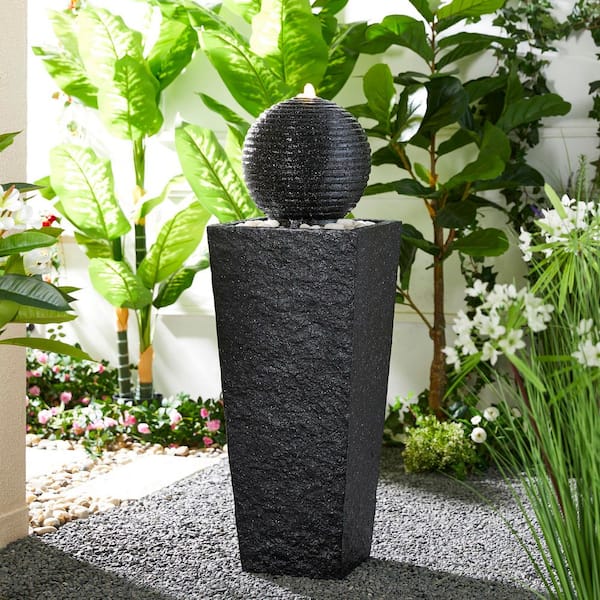 40.25 in. H Outdoor Oversized Modern Black Geometric Pedestal and Sphere Polyresin Water Floor Fountain with LED Light