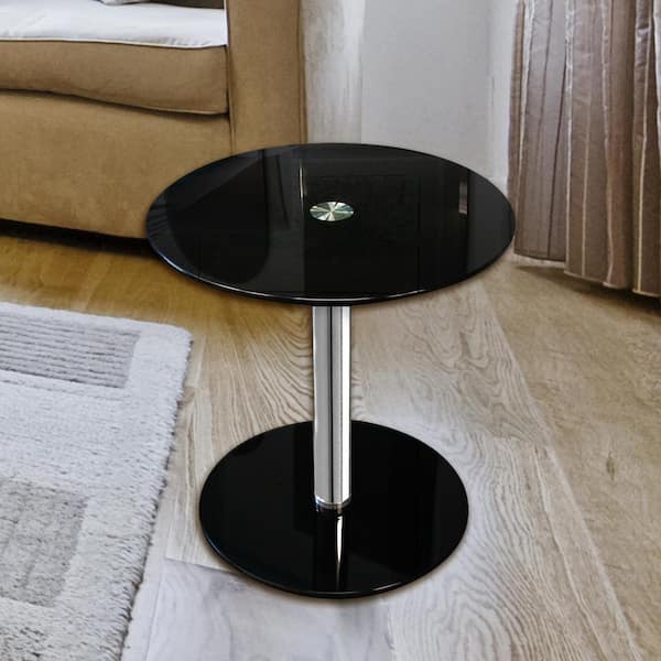 Black Round Modern Glass Side Table, Round Black Glass Bedside Table