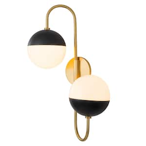 Goouu 23.6 in.W 2-Light Aged Brass and Black Up and Down Lighting Vanity Light with Milk White Glass Shades for Bathroom