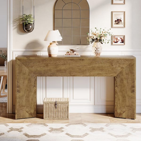 BYBLIGHT Turrella 63 in. Extra Long Brown Rectangle Wood Console Table, Modern Sofa Table Hallway Foyer Table for Living Room