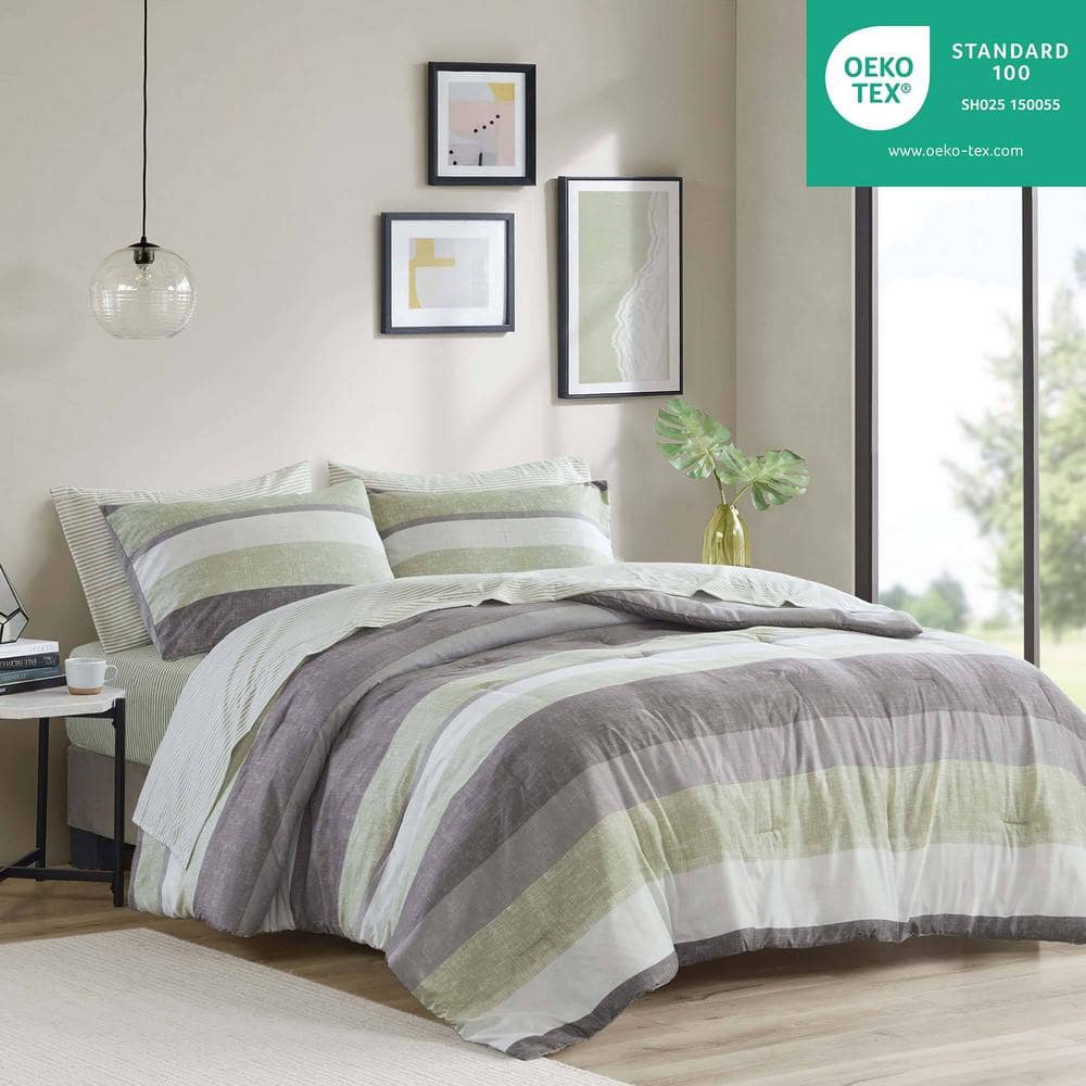 California King Green and Grey Microfiber Bed in a Bag Set