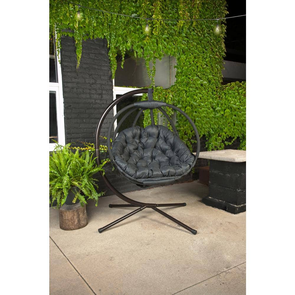 Black Steel Hanging Ball Chair with Plush Cushions
