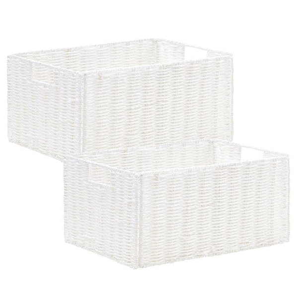 White 13.2 in. x 6.5 in. Paper Decorative Basket with Handles Set