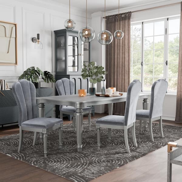 Furniture of America Seabliss 5-Piece Glam Rectangle Silver Wood Top Dining Room Set Seats 4