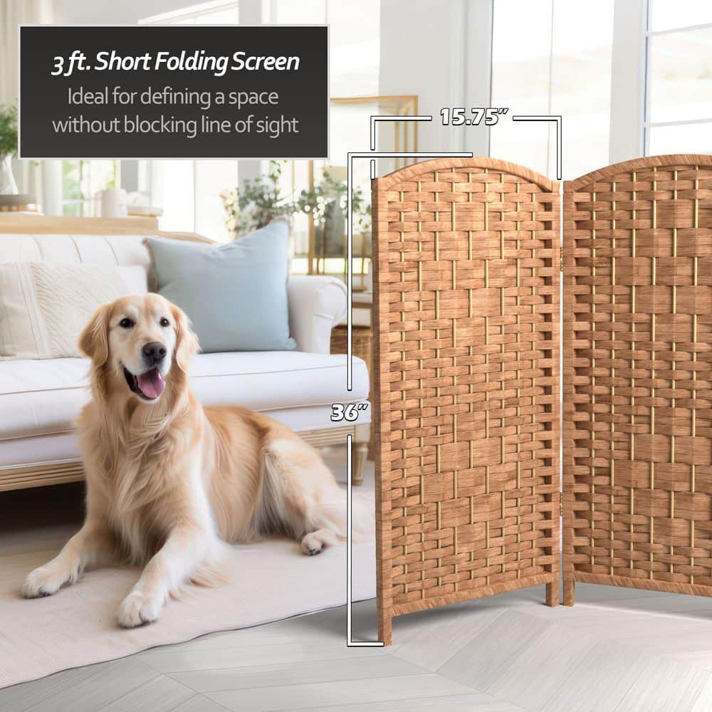 3 Ft Natural Woven Plant Fiber Folding Screen with 4 Panels