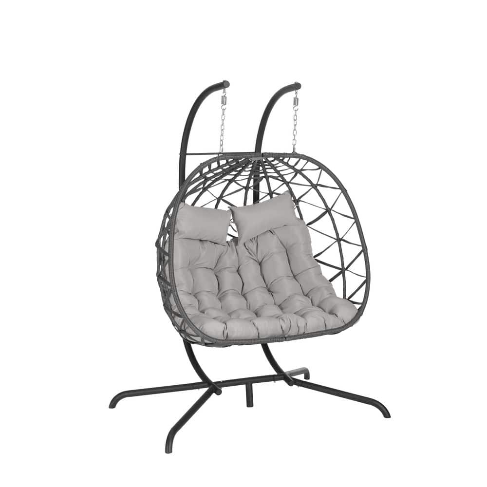 2-Person Gray Wicker Outdoor Porch Swing Chair with Stand Hanging, Patio Ha